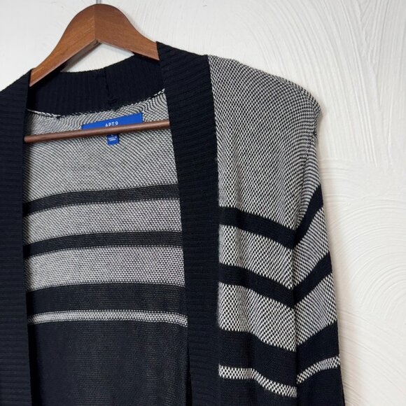 Apt. 9 Open Front Longline Cardigan Black Gray Striped Knit Sweater Womens Large - Picture 2 of 4